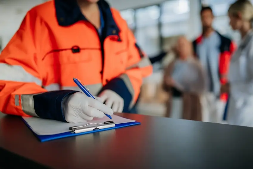 Injured warehouse worker signing a workers' compensation claim form in Florida